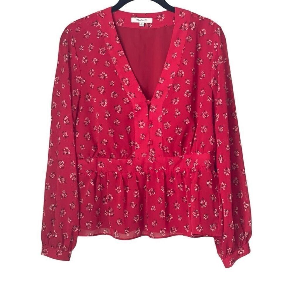 Madewell V-Neck Peplum Top Sz Medium Red Little Lilies Print Long Sleeve Peplum